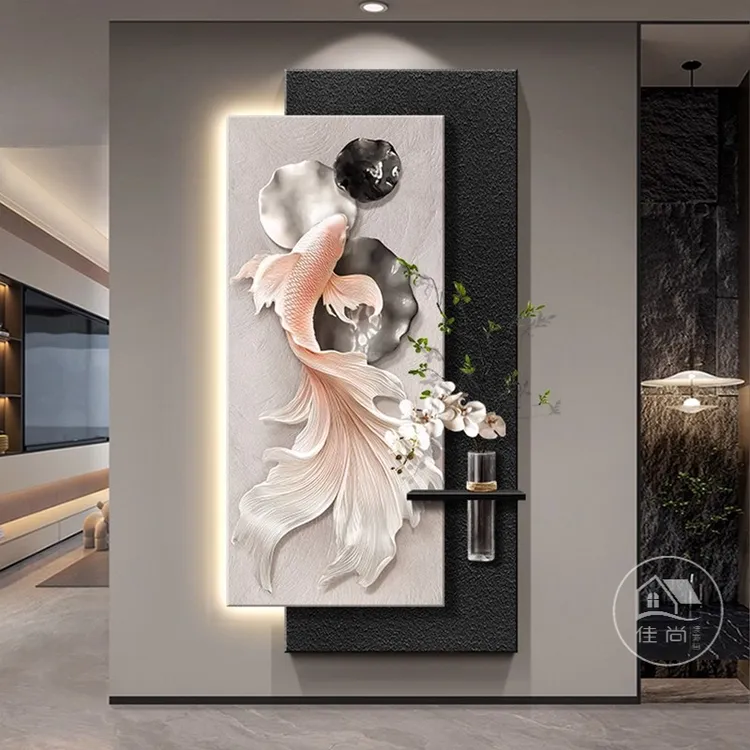 《锦鲤福运》玄关装饰画轻奢高级感走廊尽头挂画寓意好入户过道壁画