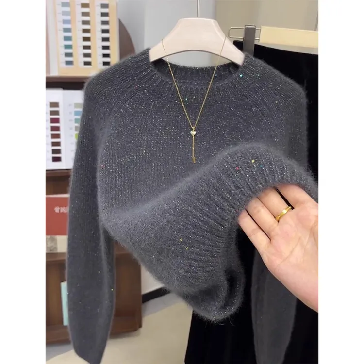 秋冬季2025新款韩版亮片圆领针织衫女长袖宽松显瘦百搭毛衣上衣冬