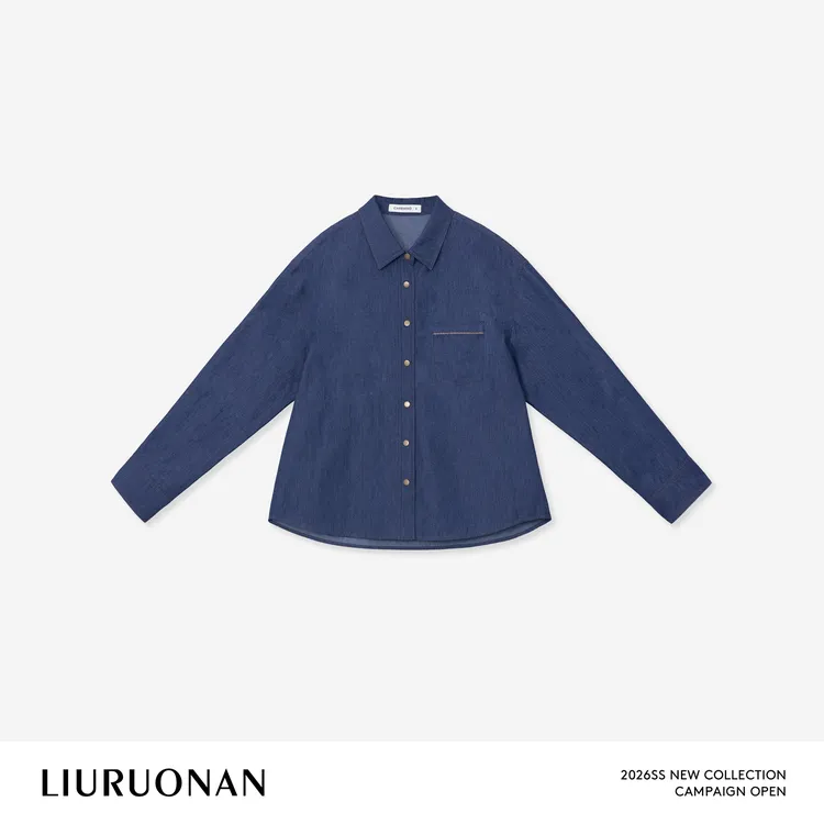 LIURUONAN 【深海蓝衬衫】复古松弛感翻领单排扣长袖薄款衬衣