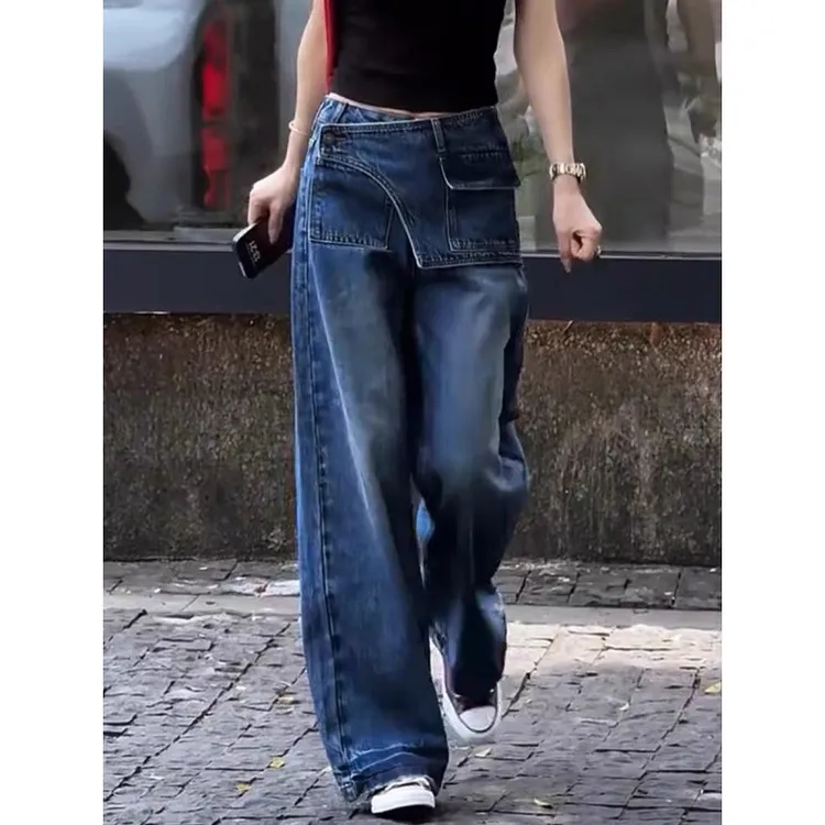 大码复古牛仔裤女2025秋季新款显瘦高腰长裤设计感假两件阔腿裤子