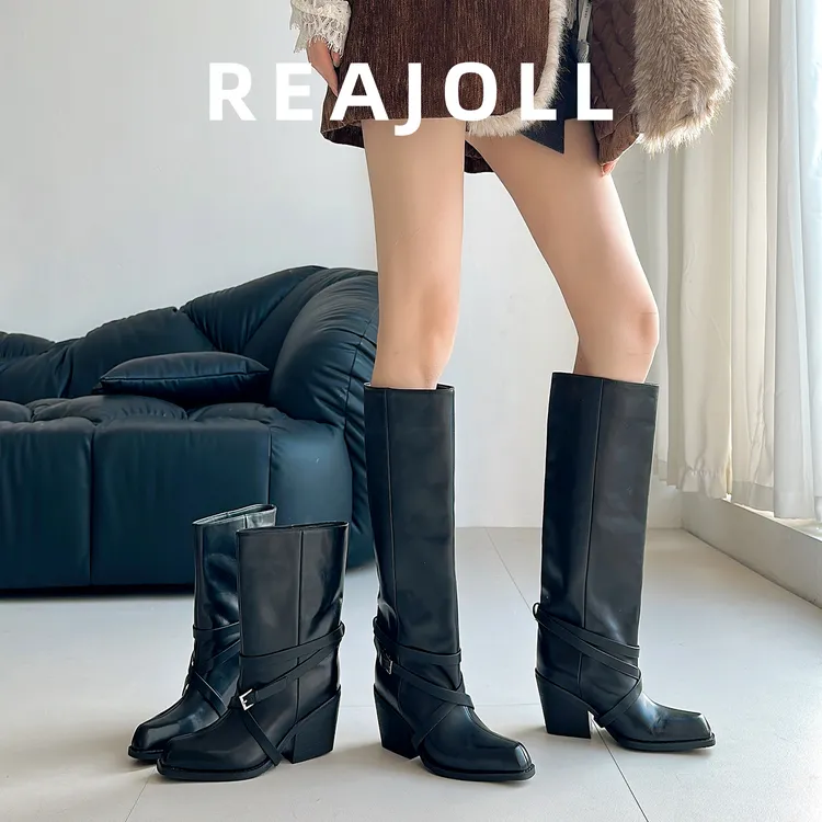 长筒靴女2025秋冬粗高跟网红欧美西部靴骑士直筒高筒靴不过膝长靴