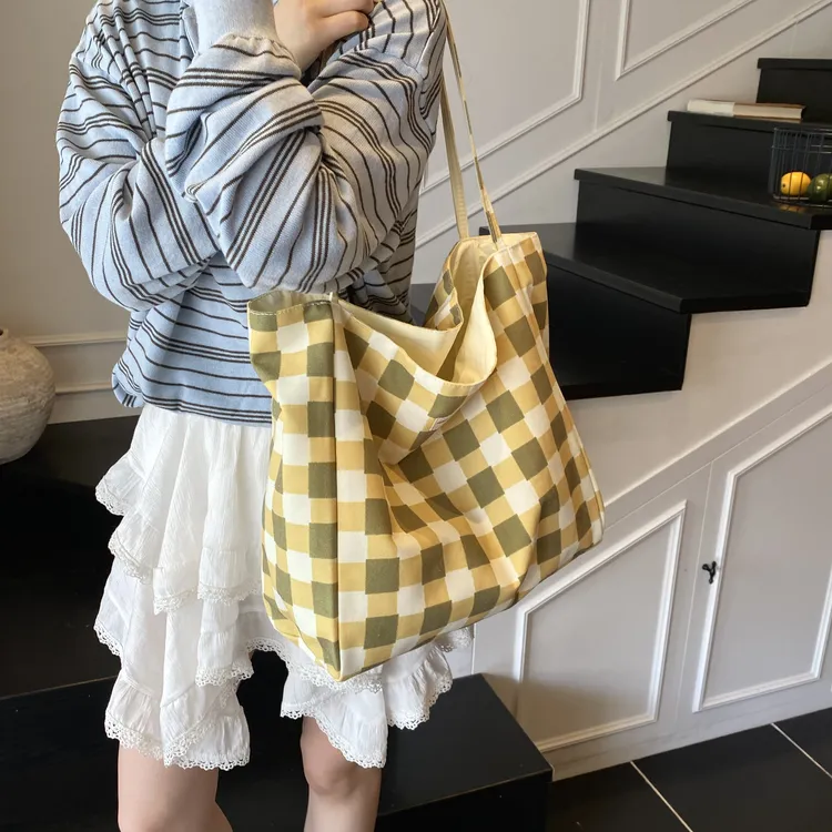 软面夏季托特包单肩包双根防盗格纹通勤文艺格子韩系早八通勤包