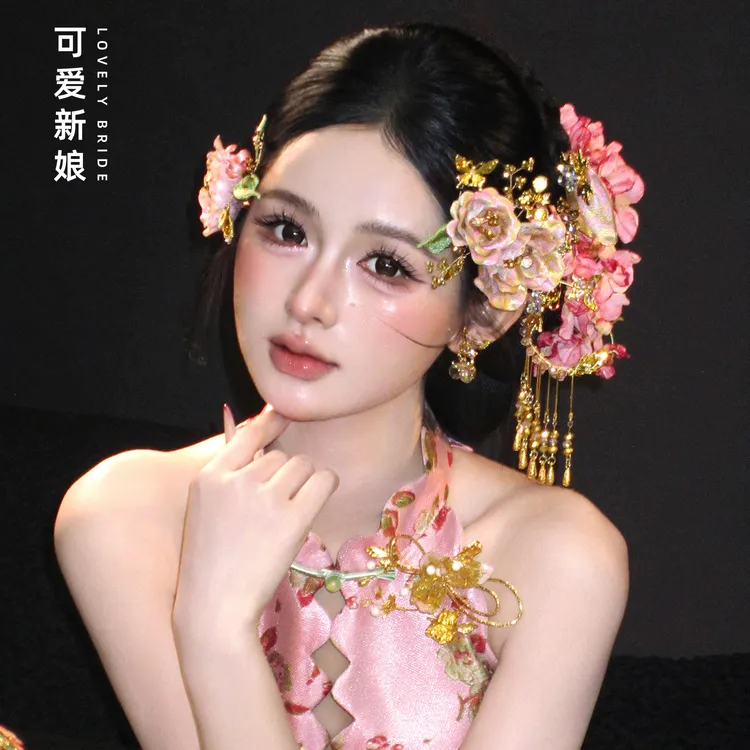 合金婚庆饰品 新中式晨袍造型甜美粉色花朵古风新娘结婚头饰1579