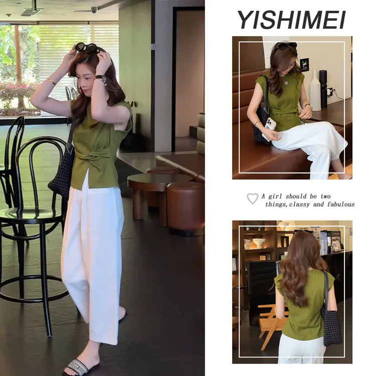 夏季温柔系穿搭女2025年新款韩版气质简约百搭上衣休闲裤两件套