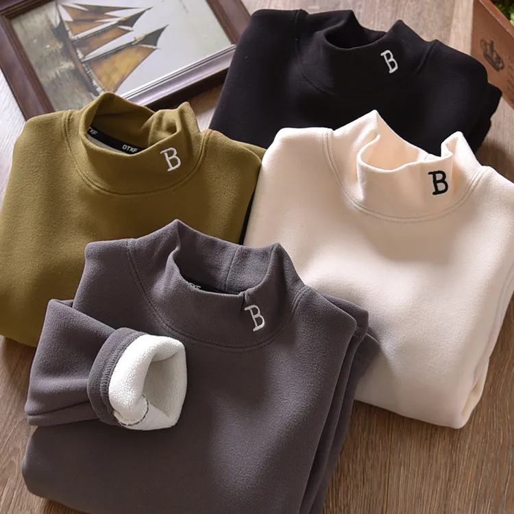 潮保暖上衣冬季德绒儿童童装加厚打底衫男童半高领中大童刺绣加绒