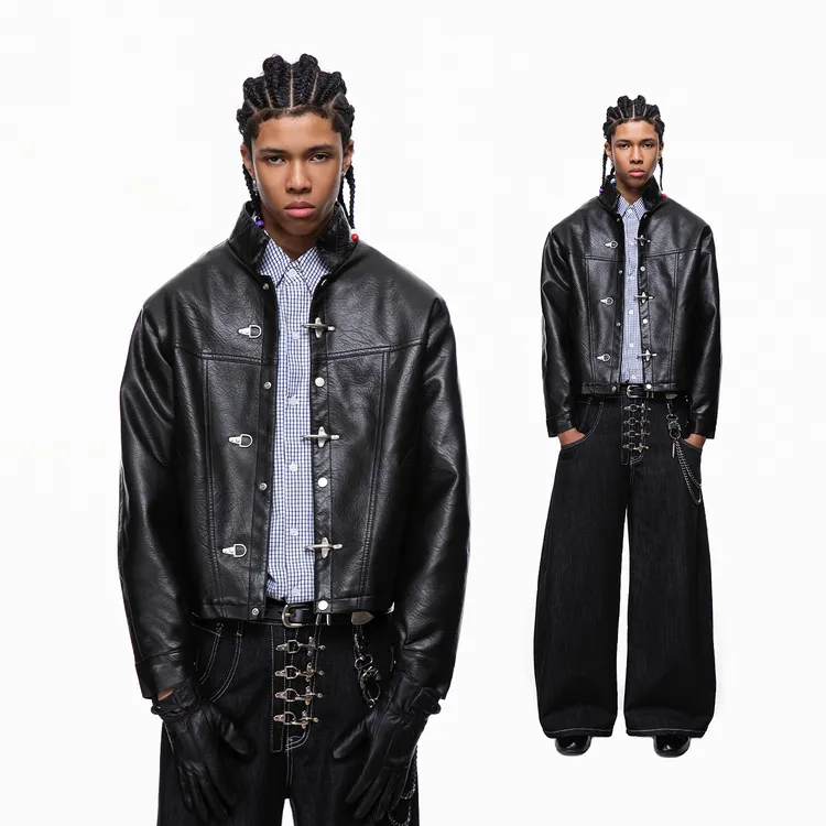 高街痞帅飞机扣短款机车皮衣厚外套男士冬季加棉保暖PU皮夹克棉服