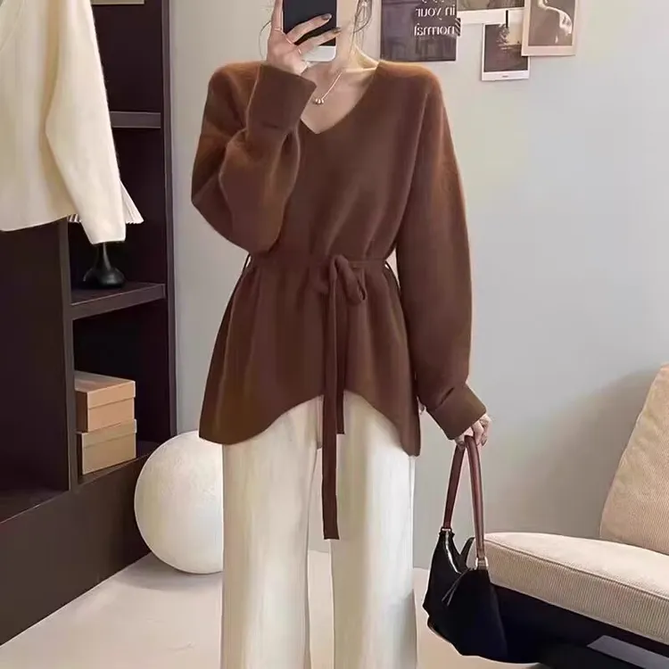通用时尚慵懒风系带收腰毛衣女美式秋冬新款宽松显瘦百搭针织上衣
