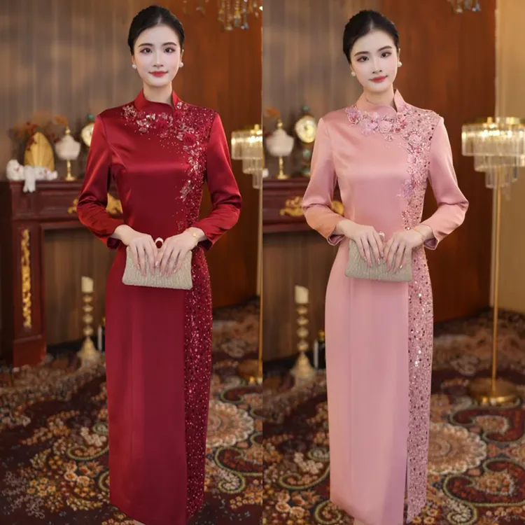 改良旗袍缎面年轻时尚妈妈高端婚礼显瘦中长款酒红色喜婆婆连衣裙