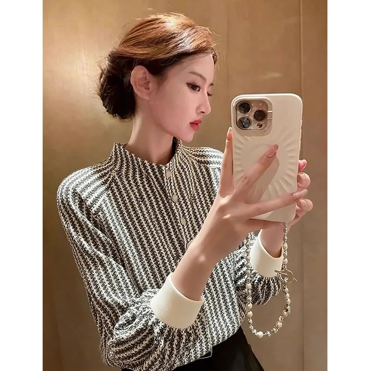 韩系撞色条纹立领衬衫女2025秋冬季新款设计感气质显瘦内搭打底衫