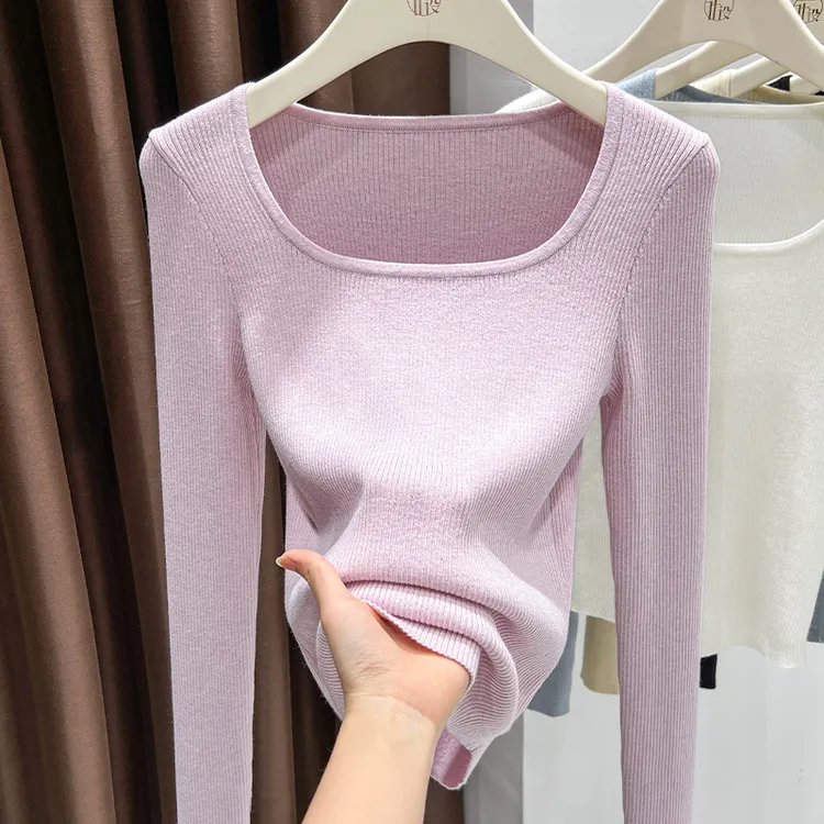 韩系纯欲风方领长袖打底衫2025秋季新款粉色显白减龄薄款内搭上衣