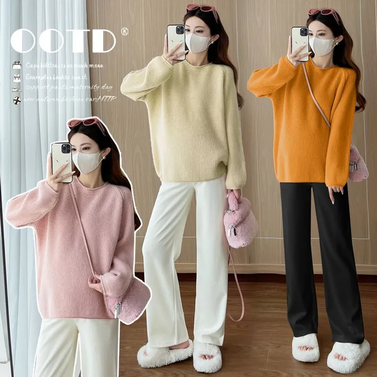 2025孕妇装卷边纯色毛衣秋冬新款休闲宽松显瘦百搭套头外穿上衣