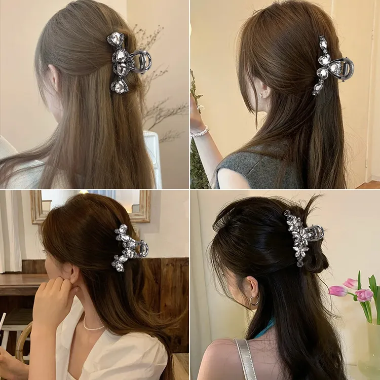 精致水钻蝴蝶三叶花半扎发女式头发刘海金属抓夹中号鲨鱼夹发夹
