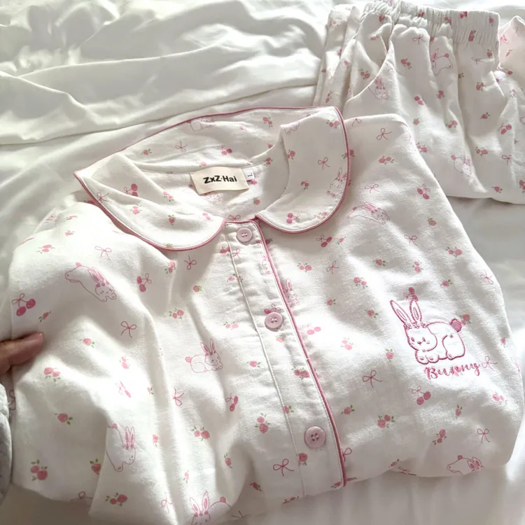 侘町2025新款碎花小白兔长袖纯棉磨毛睡衣套装女秋季可外穿家居服