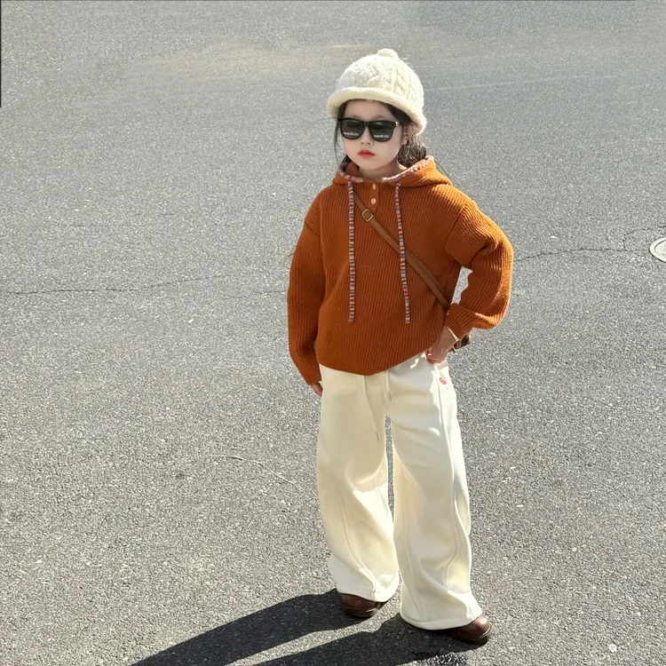 女童秋冬季洋气韩版连帽加厚毛衣中大童女孩加绒休闲保暖针卫裤潮