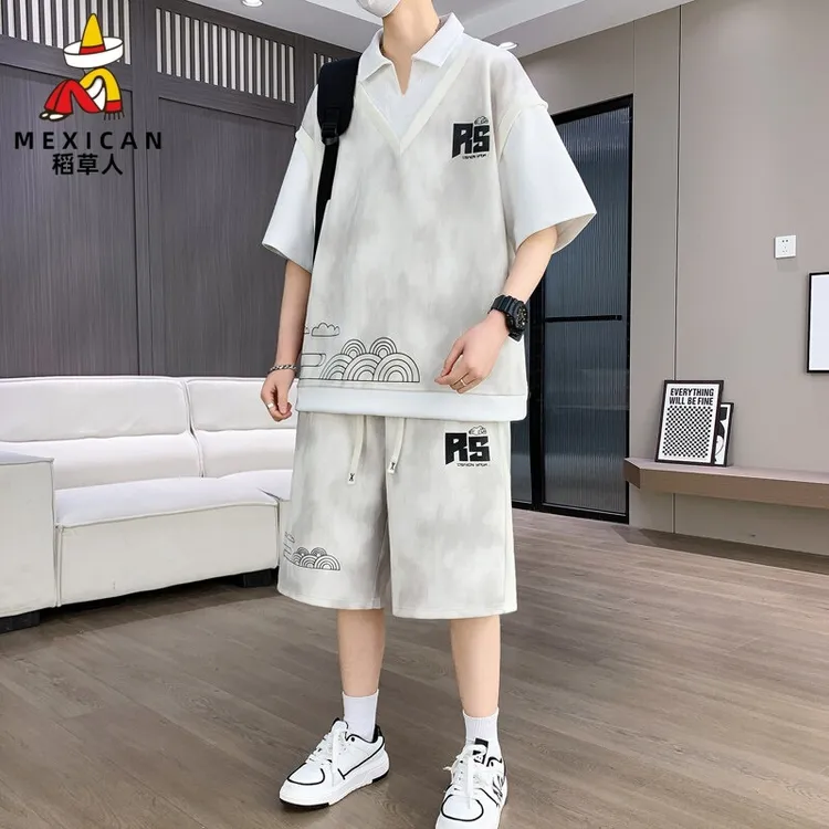 稻草人2025新款运动套装男夏季薄款潮流冰丝速干翻领休闲短袖短裤