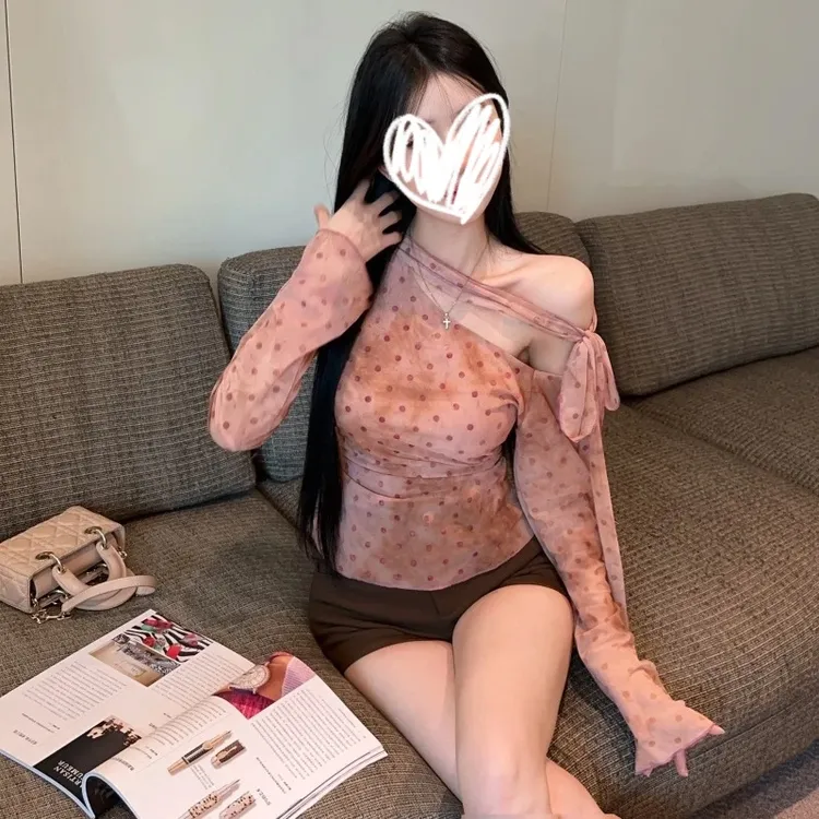 梦优莱美式扎染网纱斜领绑带长袖t恤女秋冬修身内搭打底衫上衣服