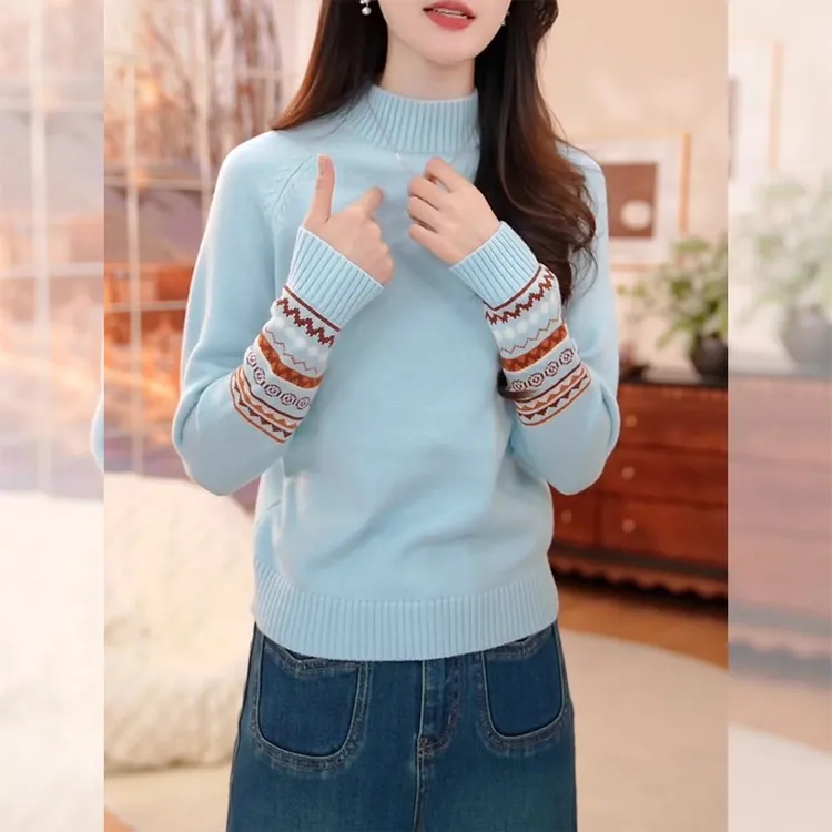 费尔岛撞色半高领套头毛衣女秋冬2025新款内搭洋气减龄针织上衣