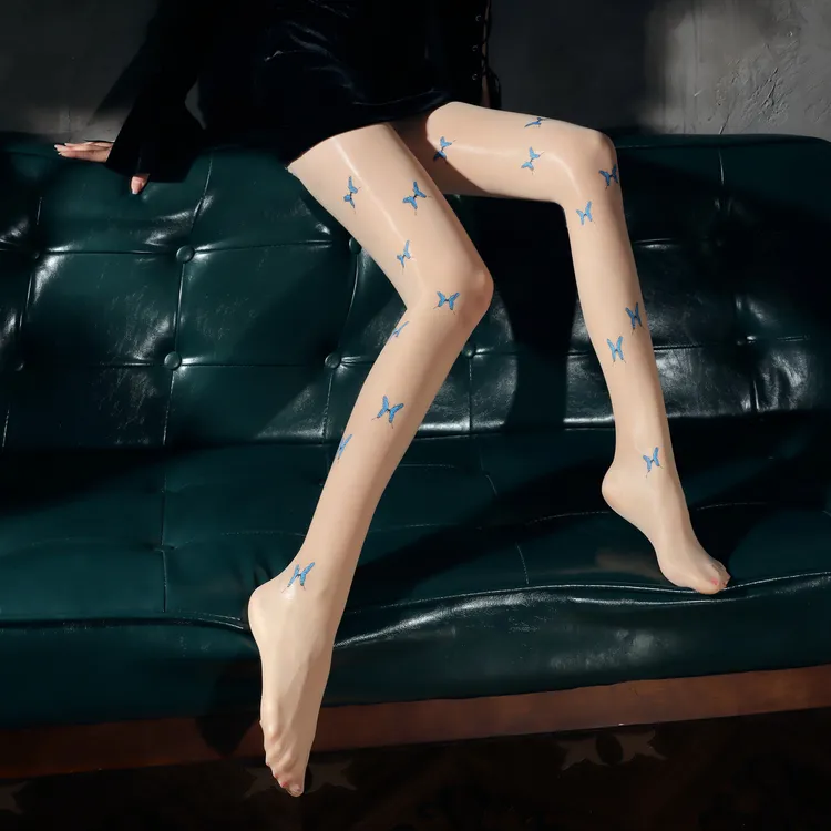 字母马油袜丝袜女蝴蝶印花连裤袜性感黑色网红长筒袜秋冬季春夏季