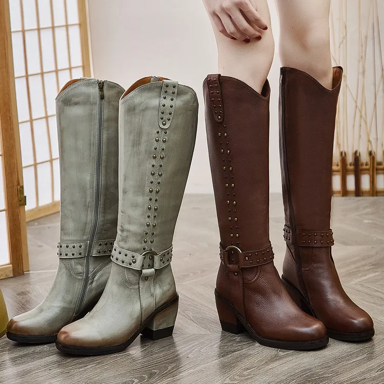 欧货潮牌长筒靴新款春秋铆钉马丁靴真皮复古粗跟高级感及膝长靴子