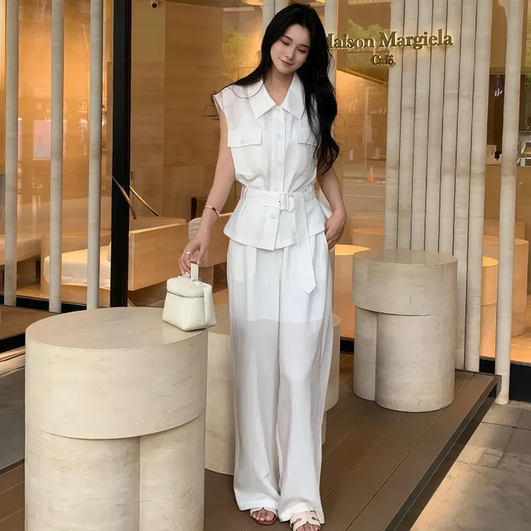 设计感休闲建立套装女2025年夏季新款无袖收腰系带衬衫长裤两件套