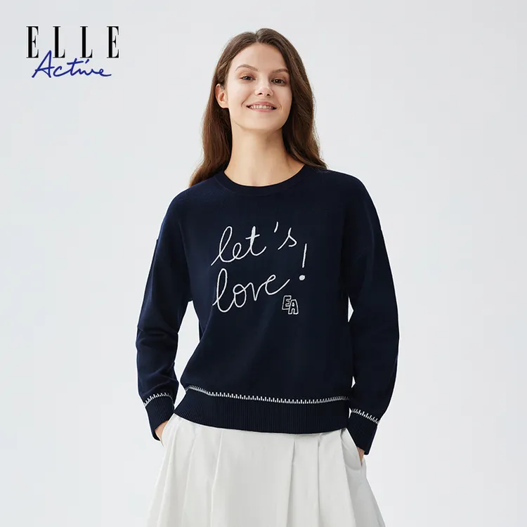 ELLE Active【含绵羊毛】经典圆领绣花针织衫百搭休闲毛织长袖时尚