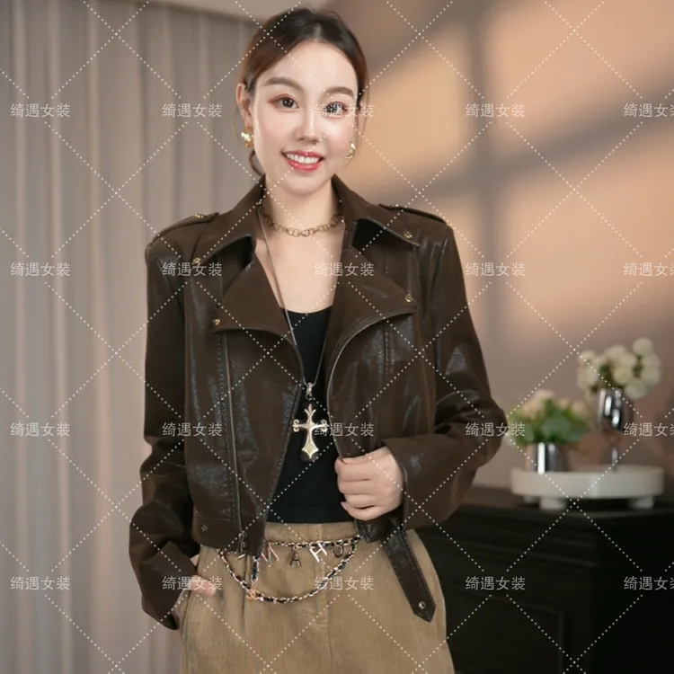 【琥珀流光】2025秋季新款轻奢时尚皮衣女复古百搭休闲皮夹克外套潮
