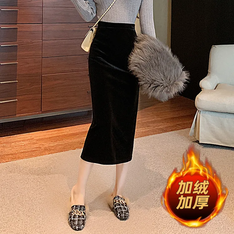 金丝绒半身裙女小个子包臀裙秋冬2025新款高腰开叉复古显瘦一步裙