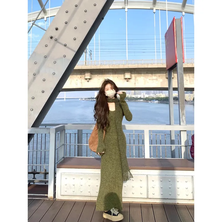 双色围巾毛衣裙针织连衣裙C 9708#
