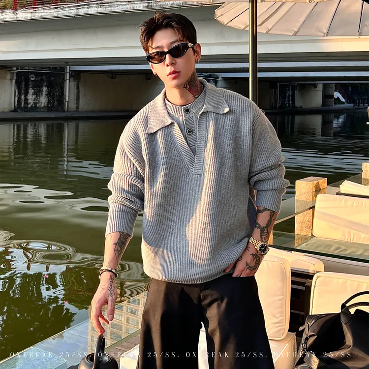 OXFREAK「假两件 海鸥领」秋冬重磅灰色毛衣男宽松打底针织衫保暖