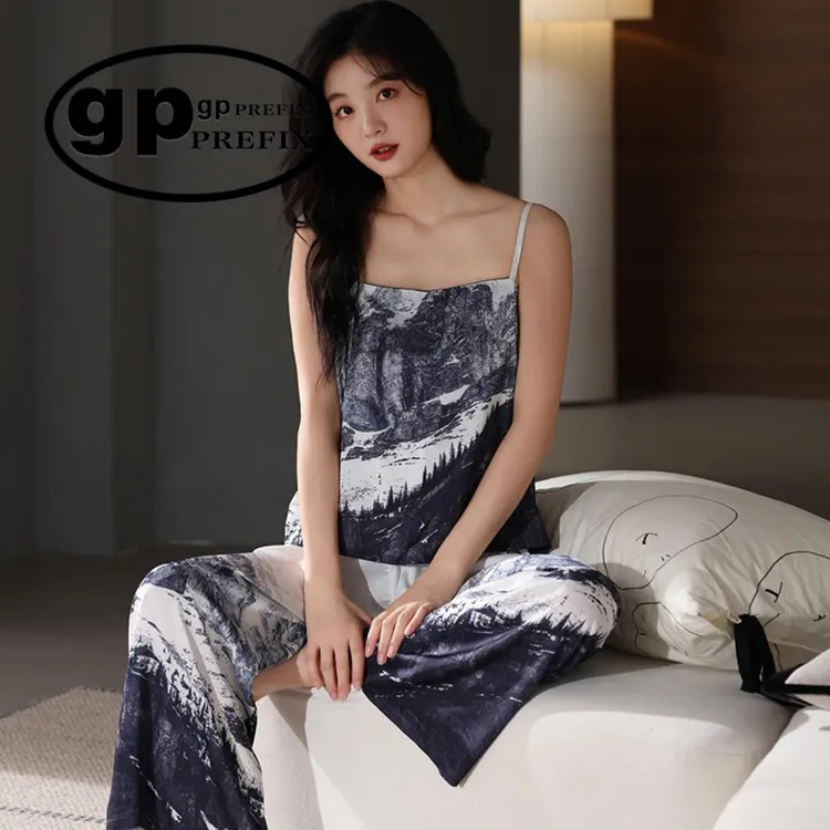 日本小众GP睡衣女士夏季冰丝吊带带胸垫套装渐变山水可外穿家居服