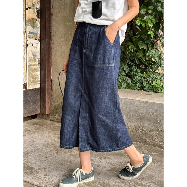 LANGQING A字中长款开叉复古水洗牛仔半身裙45103/45286#