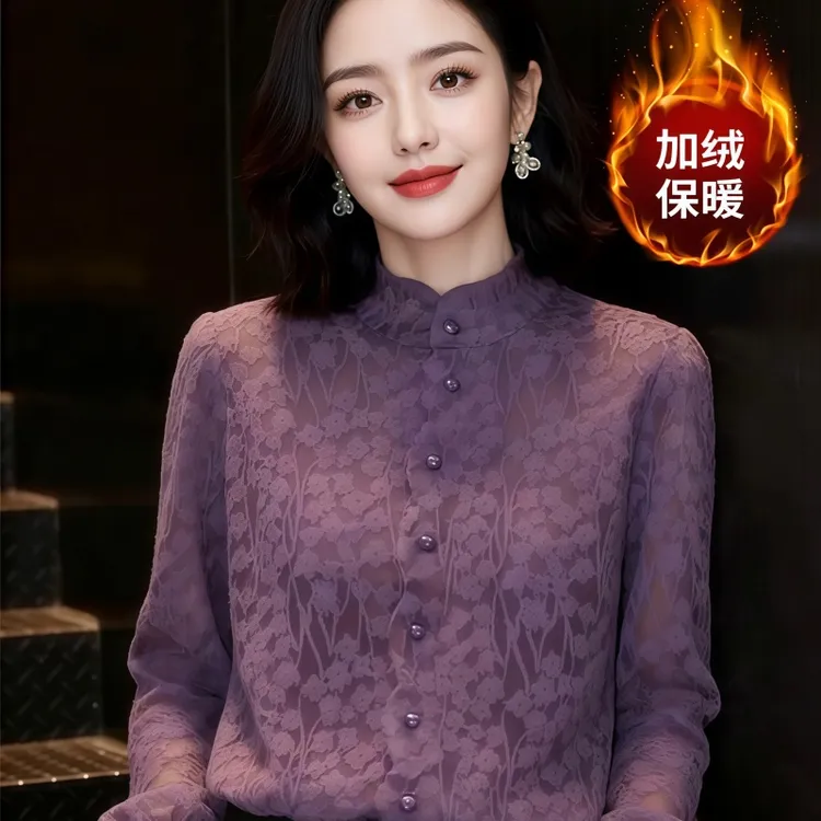 素订女装原创品牌旗舰店时尚洋气法式气质加绒保暖蕾丝小衫秋冬