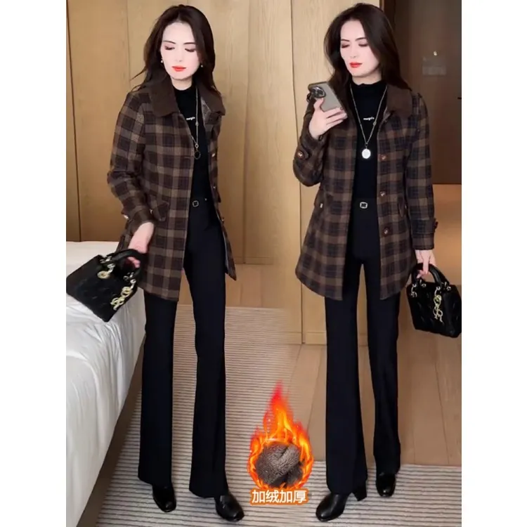 拉夏贝尔加绒加厚格子外套女2025秋冬高级感洋气小个子中长款上衣