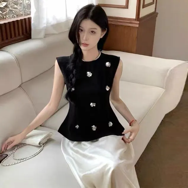 法式纯欲钉珠无袖背心收腰显瘦气质时尚百搭夏季重工背心上衣609#
