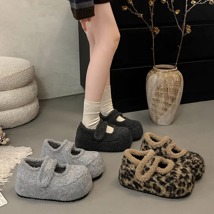 厚底增高5CM玛丽珍鞋女2025秋冬加绒魔术贴保暖毛毛鞋加厚勃肯鞋