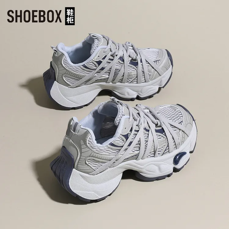 SHOEBOX鞋柜2025新款秋季6CM厚底老爹鞋女港风内增高网面运动鞋