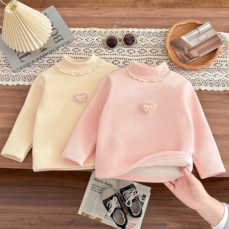 新款秋冬厚款女童爱心绒衫女童半高领加绒保暖打底