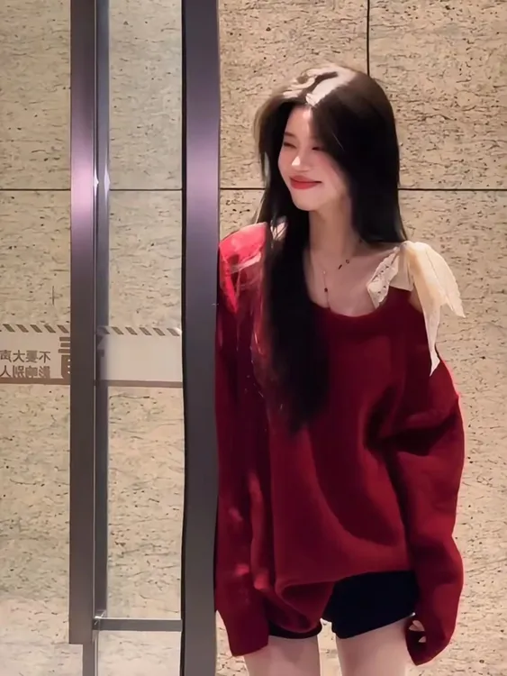 纯欲风软糯chic宽松蝴蝶结系带露肩针织衫毛衣女春季新款显瘦短裤