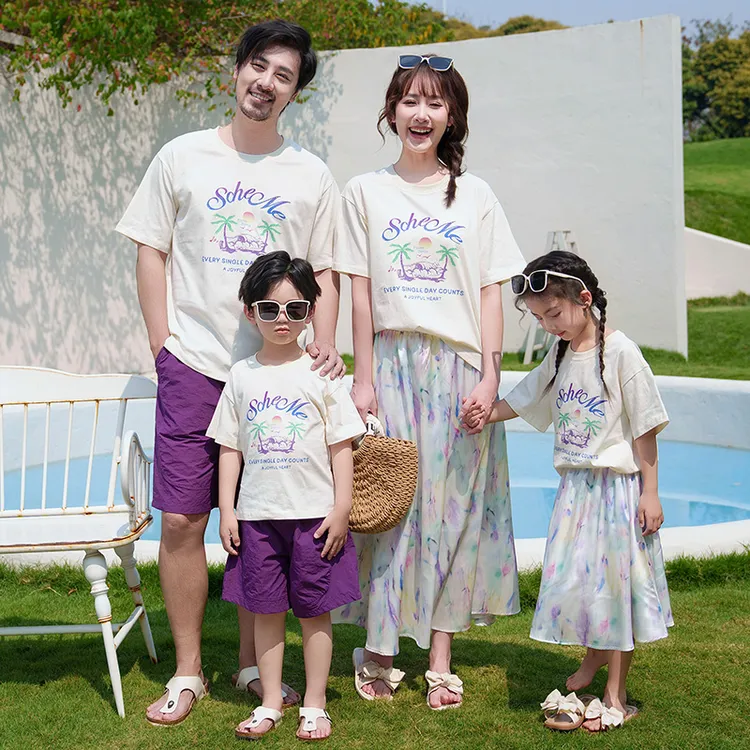 旅游拍照亲子装夏装一家四口海边度假T恤沙滩裙夏季母女母子套装