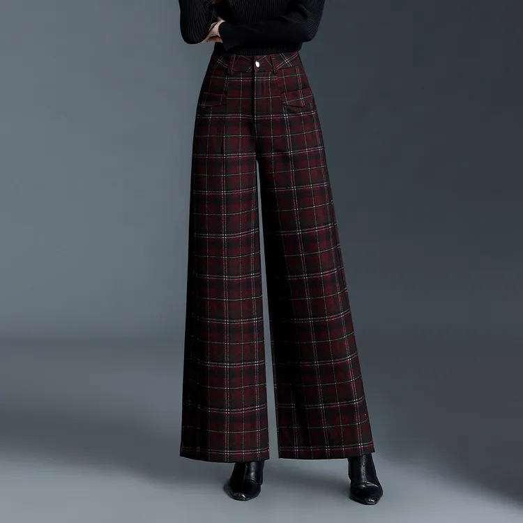 红色格子裤2025新款毛呢裤阔腿裤女秋冬高腰垂感复合休闲裤直筒裤