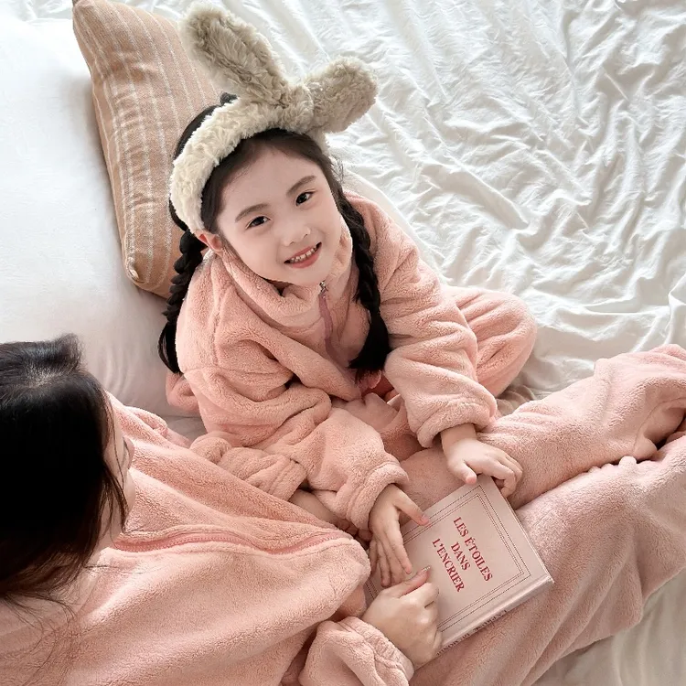 【亲子】极简风秋冬睡衣宝宝加绒加厚家居服儿童加绒套装男女童保暖