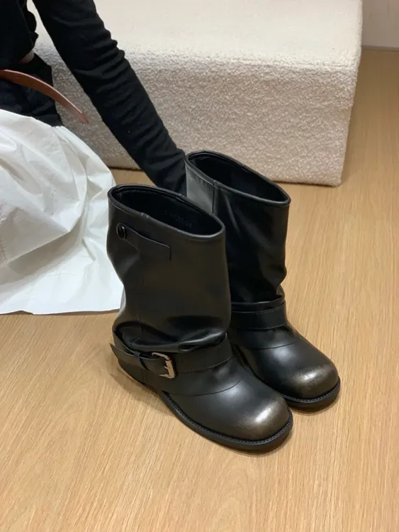 网红笑笑同款圆头粗跟秋冬瘦瘦靴中跟百搭套筒短靴子裤管马丁靴