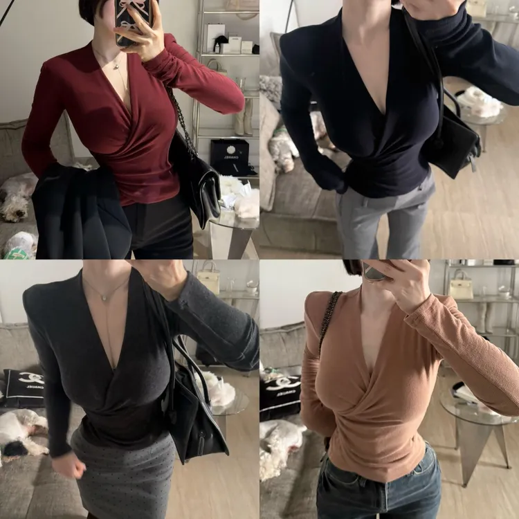 【韩剧女主】纯欲V领长袖T恤女秋冬气质修身收腰内搭打底衫显瘦上衣