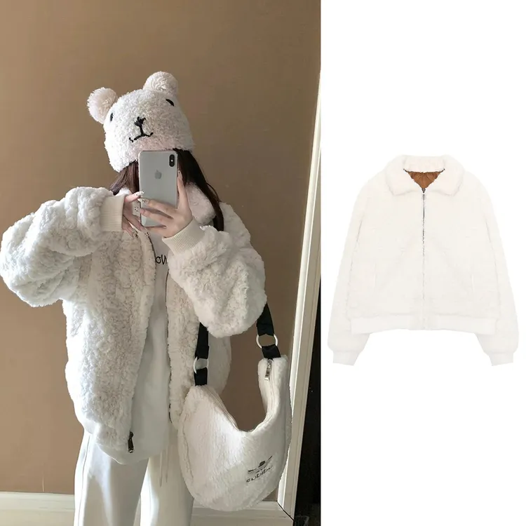 5246#立领羊羔毛外套甜美纯色软糯加厚高级感开衫小个子上衣