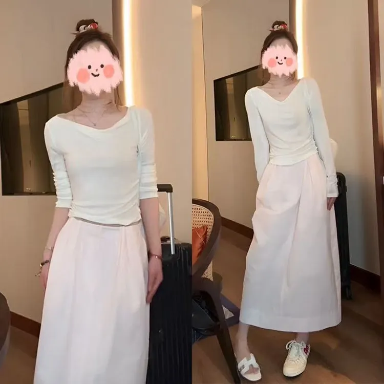 洋气衣服女夏季时尚气质荡领设计感长袖上衣高腰显瘦半身裙子套装