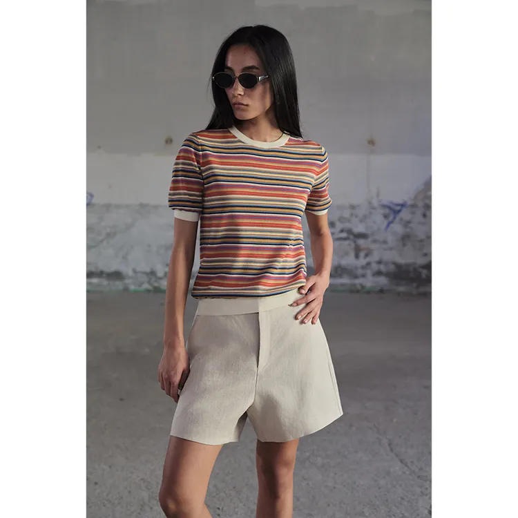 HERLAND她地【彩虹】时尚短袖多巴胺条纹毛衫女夏精致高级感上衣