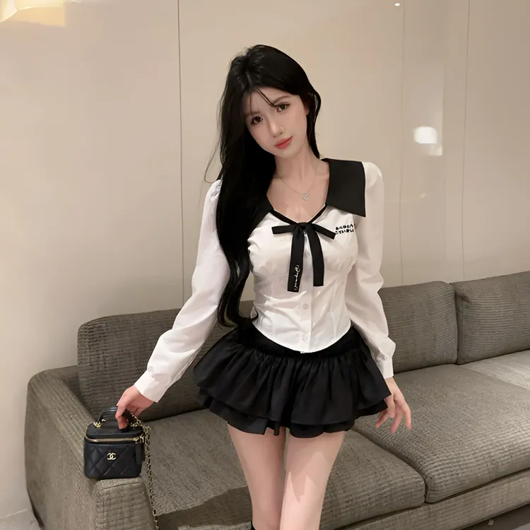 蓝色学院风高腰蓬蓬裙jk制服套装秋季收腰显瘦长袖衬衫辣妹两件套