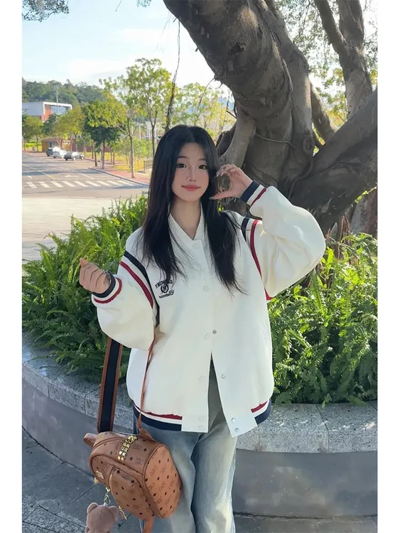 美式复古线条撞色棒球服外套女春季2025学院风休闲宽松情侣款夹克