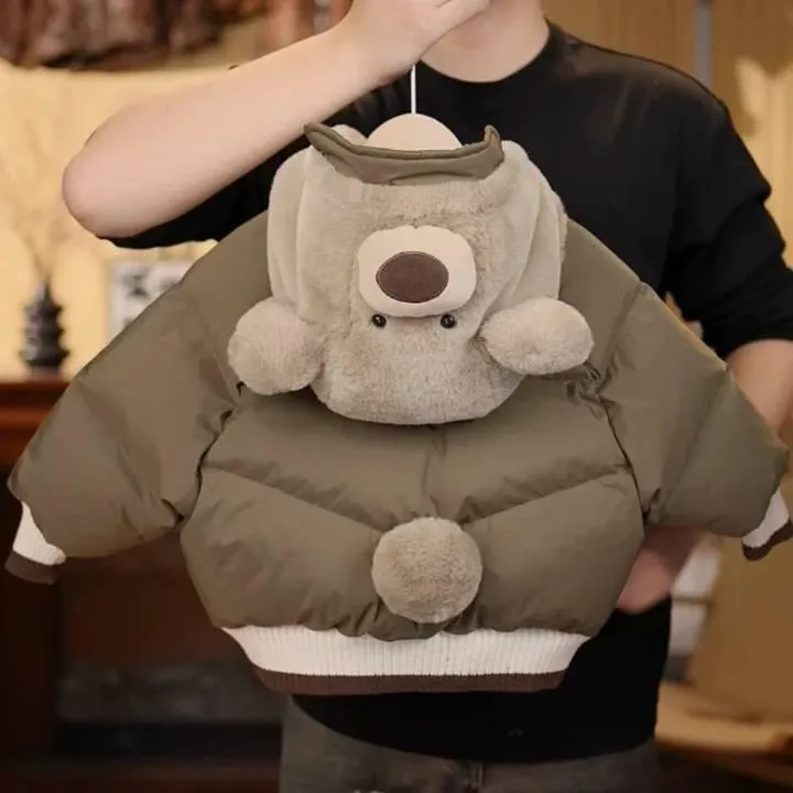儿童新款棉服2025冬季新款可爱卡通小熊保暖连帽棉服加绒洋气外套