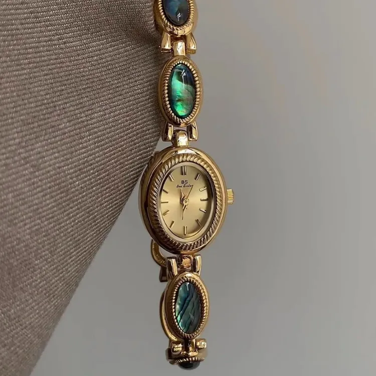 复古时尚防水天然鲍鱼贝式小表盘镶钻金色精致手表vintage1835女